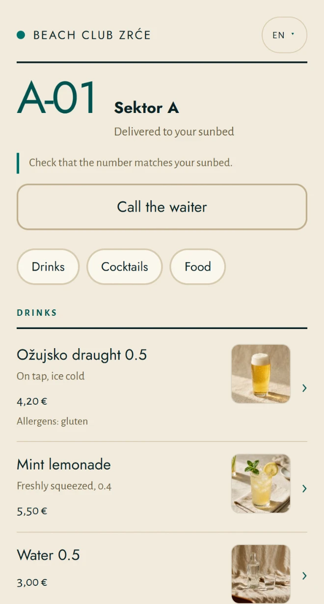 La carte sur le téléphone du client : place A-01, boissons avec photos, prix et allergènes.
