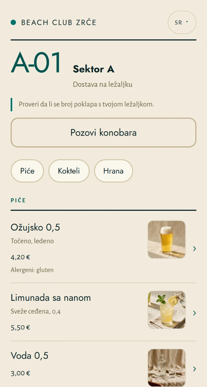 Meni na telefonu gosta: mesto A-01, pića sa slikama, cenama i alergenima.